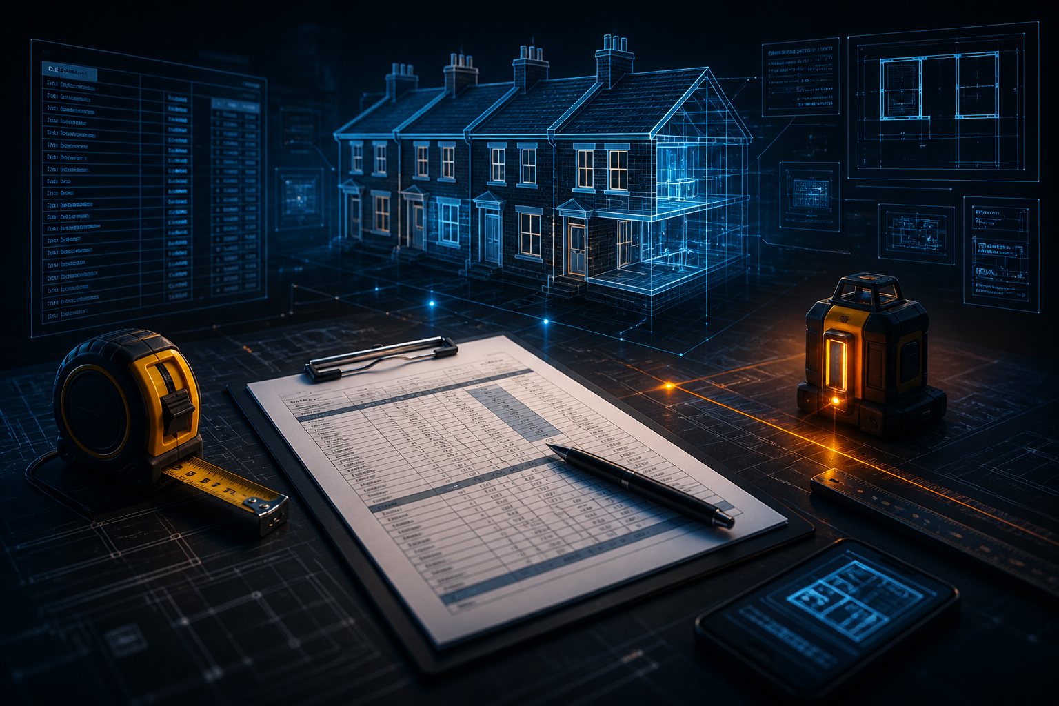 Property development quantity surveyor — blueprints, take-offs and measuring tools